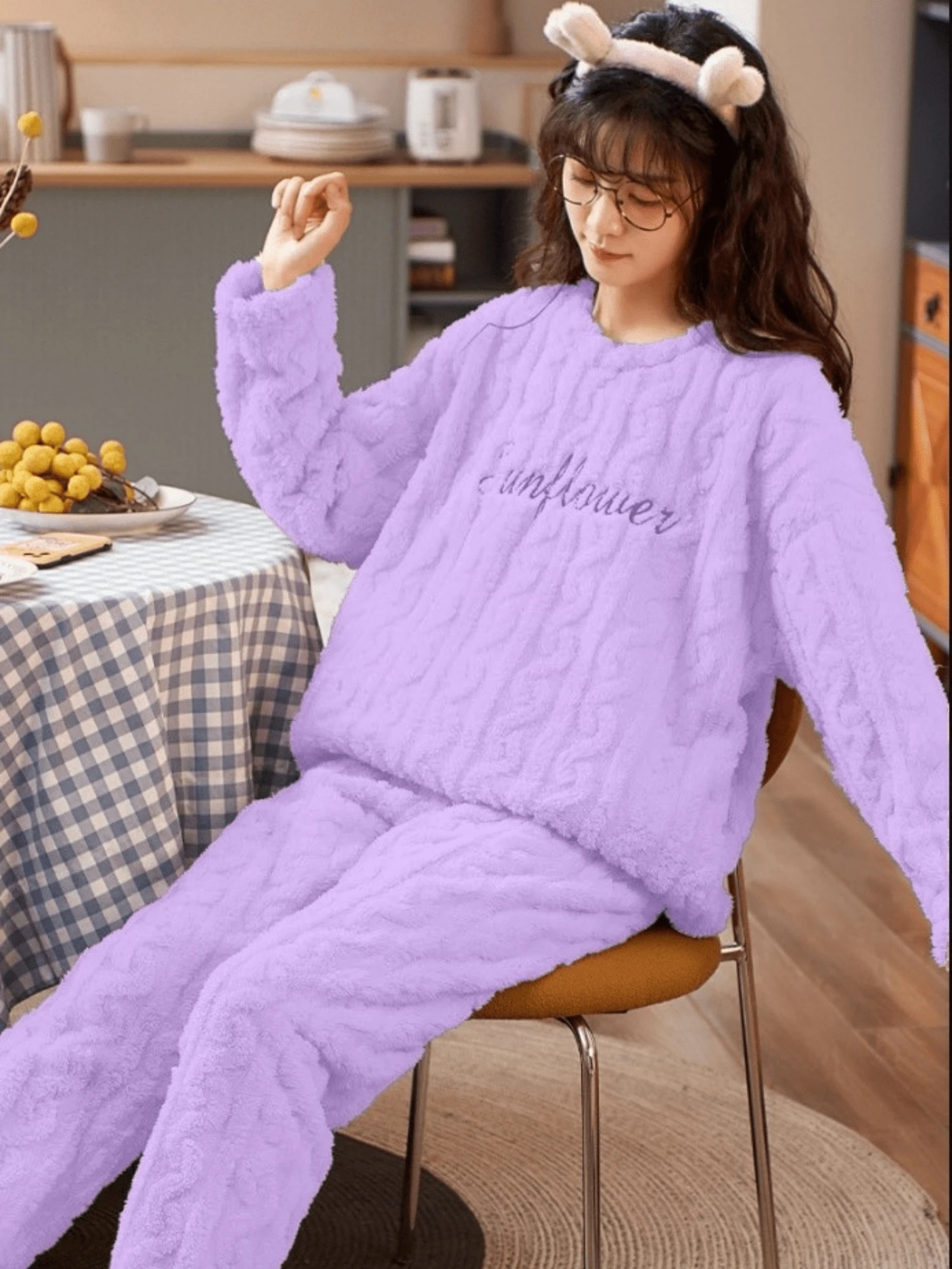 Pijamas de felpa para mujer, conjunto de 2 piezas, pijamas cálidos de invierno para mujer, conjunto de 2 piezas, forro polar suave y mullido de terciopelo coral - Morado - Ver 1