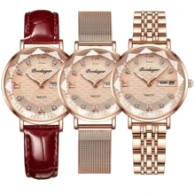 POEDAGAR 1 件礼物女士手表全不锈钢玫瑰金表带英文日历表盘夜光指针优雅设计防水女士石英手表防水 L 玫瑰金母亲妻子婚礼纪念品爱情生日毕业表白配件返校必备品