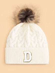 1pc Kids Letter & Pom Pom Knit Beanie Hat, Soft Comfortable Warm Fashionable Versatile Winter Cap, Suitable For Boys & Girls Everyday Wear, Great Gift - White - View 18