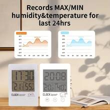 1 pieza Termómetro digital e higrómetro con pantalla táctil y reloj despertador, medidor de temperatura de alta precisión para escritorio o montaje en pared, visualización de hora en formato 12/24 horas, alimentado por batería, para dormitorio, cocina, sala de estar, bodega, despensa, sensor de temperatura y humedad para el hogar, regalo para fiestas, decoración navideña y decoración de habitación