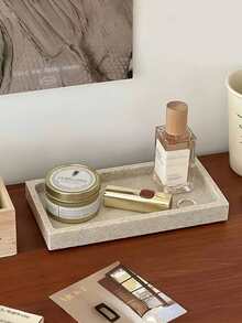 1pc Marble Texture Tray, Resin Vanity Organizer Dish, Desk Cosmetic Storage Plate For Women Storage Organizer Travel Essentials Back To School Dormitory Storage Fall Decor - Beige - View 7