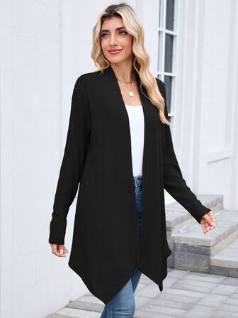 Långärmad enfärgad stickad kofta med asymmetrisk fåll för kvinnor, avslappnad och trendig för höst/vinter