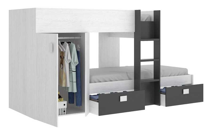 MOBELCENTER Cama tren Groe con Armario y Cajones de Almacenaje en Blanco con Grafito o Rosa | Entrega 7-9 días a España (península)