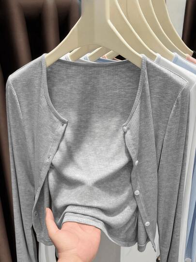 1 pieza Cárdigan de punto asimétrico con botones para mujer, chaqueta exterior de manga larga con cuello de chal, color negro/blanco/gris/rosa