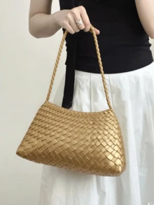 1 pieza Conjunto de bolso de hombro tejido vintage + bolsa con cordón, Juego de bolso de estilo artístico hecho a mano, Nuevo nicho de verano Versátil bolso de hombro/axila tejido a mano, Adecuado para uso diario, compras, viajes, vacaciones