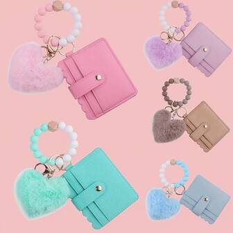 1pc Fashion Plush Heart Keychain - Soft Silicone Bead DIY Bracelet Wallet, With Safety Card Slot, Multi-Color Card Holder Keychain Gift Bag Lanyards With Id Holder Car Accessories Bag Charms Christmas