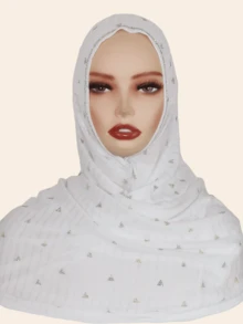 1pc Women's Elastic Cotton Soft Striped Hijab Fabric Long Scarf, Middle Eastern High-End Rhinestone Crafted Star & Floral Design, High Fashion Headscarf, Daily & Outdoor Shawl