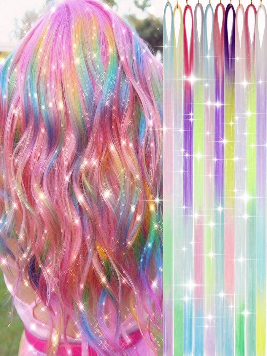 10 件 Y2K 彩虹色接发带闪亮金属片 52 英寸 10 色合成直发片霓虹发饰适合女性女孩派对节日和万圣节新年使用 - 彩色 - 查看 1