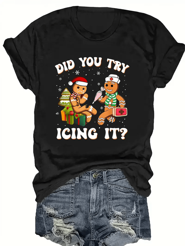 Women's Christmas Slogan Gingerbread Print Round Neck Short Sleeve Casual T-Shirt