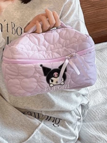 Sanrio Cloud Velvet Cosmetic Bag, Large Capacity, Multi-Color Options (Kuromi), Cute Cartoon Patterns, Double Zipper Closure, High-Quality Durable Fabric, Textured Feel, Neat Stitching, Ideal For Travel, Daily Use, Perfect Gift For Her, Women's Organizer Bag, Makeup Bag, Must-Have Daily Accessory - Purple - View 4