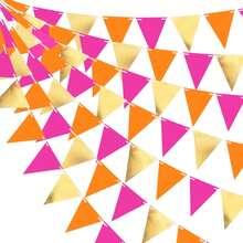 5 sets de décorations de fête rose vif, orange et or. Bannière à fanions, drapeaux triangulaires en papier, guirlandes et serpentins roses et oranges pour mariage, anniversaire, fête de fiançailles, baby shower, décoration de la maison et du jardin