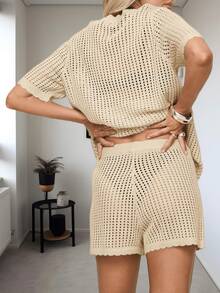 Womens Crochet 2 Piece Swimsuit Cover Ups Short Sleeve Button Down V Neck Top And Shorts Summer Beach Outfits - Màu be - Xem 5