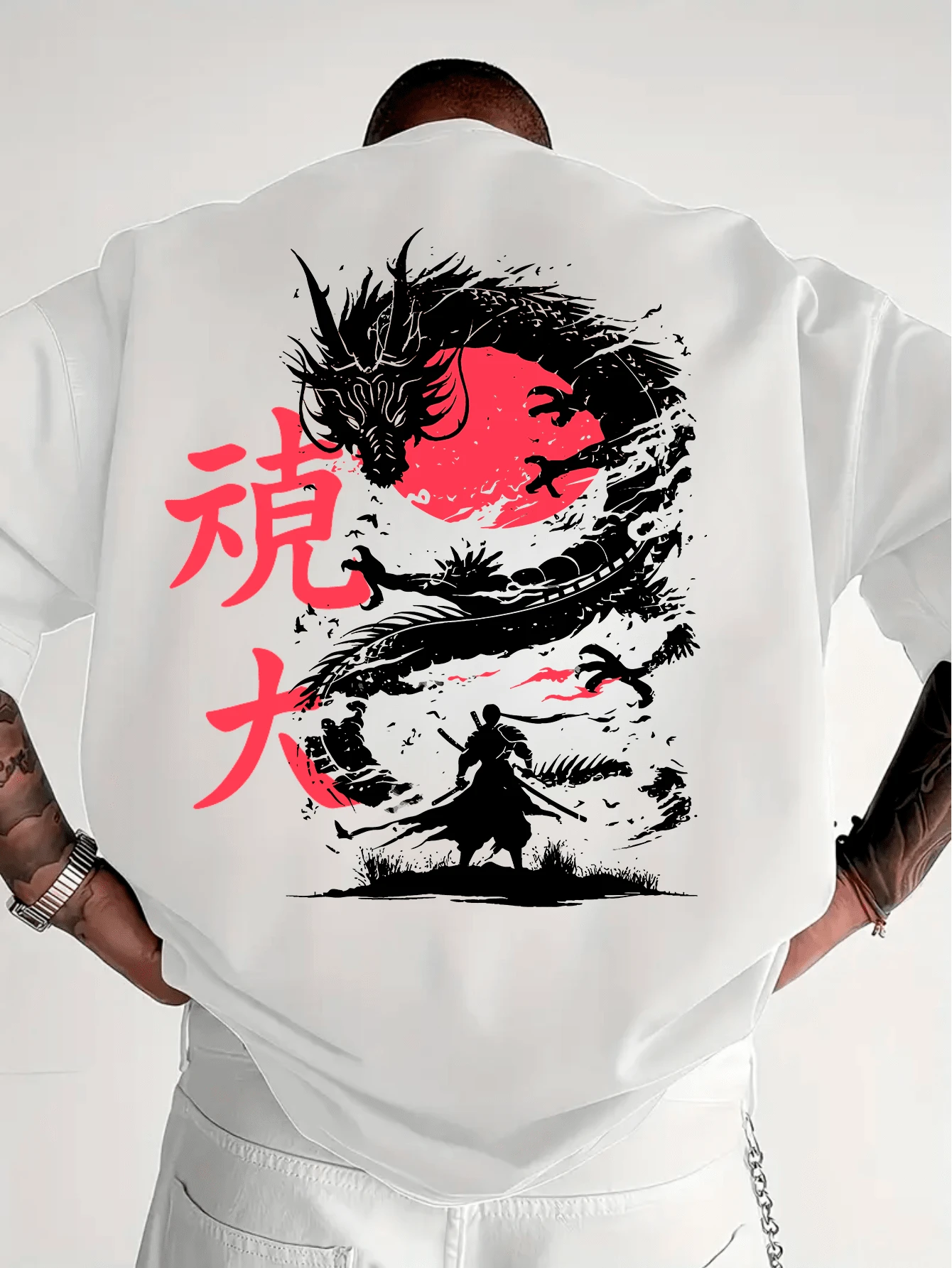 Camiseta Oversized Streetwear Masculina Ronin Dragão Espirito Japonês Camisa 100% Algodão Fio 30.1 - Branco - Visão 1