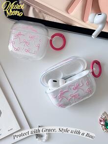 <优雅保护，蝴蝶结时尚>，1 个粉色蝴蝶结透明 TPU 耳机盒，兼容 Apple 系列耳机 - 粉色 - 查看 2