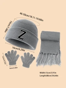 3pcs/Set 1-3 Years Old Baby 26 Letter Print Knitted Hat & Fingerless Gloves & Tassel Scarf Warm Set, Fashion Versatile Cold-Proof Outfit, Suitable For Baby Boys And Girls Outdoor Use In Autumn/Winter, Great As Gift - Grey - View 3