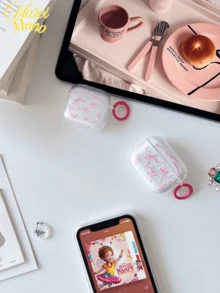 <优雅保护，蝴蝶结时尚>，1 个粉色蝴蝶结透明 TPU 耳机盒，兼容 Apple 系列耳机 - 粉色 - 查看 4