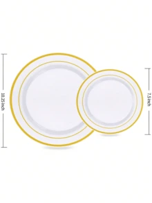 25个（7.5英寸/10.25英寸）多尺寸白色圆形双圈金色边盘水果沙拉盘，可重复使用且可清洗，适用于婚礼、派对、宴会、情人节、感恩节和圣诞节等场合，宴会餐具，派对餐盘，节日设计，时尚服务，可重复使用餐具，易于清洁，盛菜盘，餐饮服务，派对组织者