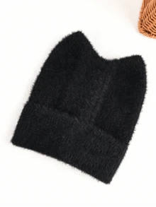 1 件女士 Y2K 猫耳毛绒针织帽，适合秋冬季日常佩戴 - 黑色 - 查看 8