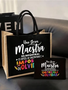 Set di due pezzi in lino nero, borsa in lino con stampa di lettere creative e portafoglio/borsa cosmetica, decorata con motivo a matita e stampa colorata di lettere, borsa shopping Dopamina, regalo di apprezzamento per gli insegnanti, borsa in lino da donna di grande capacità, regalo personalizzato per anniversario di matrimonio e compleanno degli amici, borsa in tela di moda da donna con bottone spesso, borsa in lino, regalo di Natale