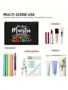 Set di due pezzi in lino nero, borsa in lino con stampa di lettere creative e portafoglio/borsa cosmetica, decorata con motivo a matita e stampa colorata di lettere, borsa shopping Dopamina, regalo di apprezzamento per gli insegnanti, borsa in lino da donna di grande capacità, regalo personalizzato per anniversario di matrimonio e compleanno degli amici, borsa in tela di moda da donna con bottone spesso, borsa in lino, regalo di Natale