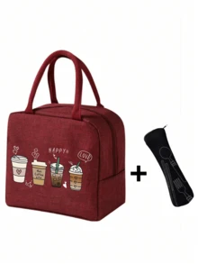 4 杯装咖啡主题保温午餐包，印有“快乐”和“爱”字样，搭配黑色餐具收纳袋，大容量，学生保温冷藏包，便携式旅行野餐包，办公/学校午餐包 - 彩色 - 查看 19