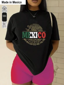 Talla grande1 Pieza Camiseta de Mujer con Estampado, Estilo Realista de Moda, Camiseta Negra con Detalle de Lazo Rosa en la Espalda, 1 PC Camiseta de Cuello Redondo para Mujeres, 180g 100% Algodón Puro, Fresca y Cómoda para la Vida Casual, Deporte, Gimnasio, Viaje, Regalo, Vacaciones de Verano, Día de la Independencia de México - Negro - Ver 1