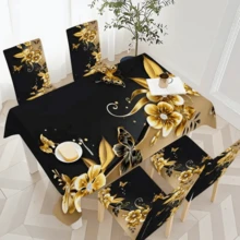 4/6/5/7 Pcs Classic Floral Pattern Black & Gold Chair Covers And Tablecloth Set, 4 Pcs (4 Chair Covers), 6 Pcs (6 Chair Covers), 5 Pcs (1 Tablecloth + 4 Chair Covers), 7 Pcs (1 Tablecloth + 6 Chair Covers), Suitable For Indoor/Outdoor, Home Gatherings, Holiday Table & Chair Decor, Reusable - Multicolor - View 15
