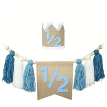1 件套手工制作的 1/2 生日高脚椅横幅套件 - 波西米亚木珠和流苏花环，蓝色和白色 - 非常适合第一个生日庆祝和派对装饰、婴儿生日派对装饰 - 多色 - 查看 5