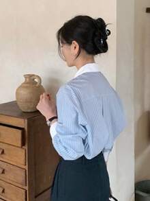 Corea del Sur chic primavera nicho temperamento colisión color solapa suelta casual versátil de manga larga camisa a rayas blusa femenina - Azul - Ver 2