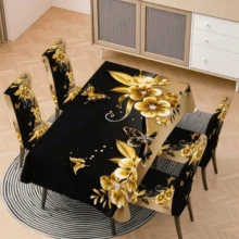 4/6/5/7 Pcs Classic Floral Pattern Black & Gold Chair Covers And Tablecloth Set, 4 Pcs (4 Chair Covers), 6 Pcs (6 Chair Covers), 5 Pcs (1 Tablecloth + 4 Chair Covers), 7 Pcs (1 Tablecloth + 6 Chair Covers), Suitable For Indoor/Outdoor, Home Gatherings, Holiday Table & Chair Decor, Reusable - Multicolor - View 4
