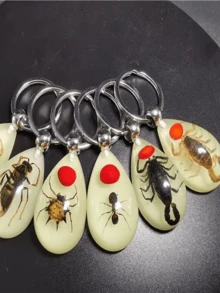 Glow-In-The-Dark Encapsulated Real Cicada, Crab, Spider, Scorpion Keychain. Symbolic Backpack Pendant, Water Drop Shaped Real Insect Specimen Desk Toy, Car Decor, Office Decoration, Wall Art, Versatile Keychain, Unique Artistic Gift - Multicolor - View 3