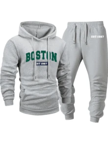 [6-Piece Set] Men's Casual Sports Hooded Sweatshirt Set, Long-Sleeved Hooded Sweatshirt With Drawstring Trousers, Knitted Fabric, Regular Version, Letter Print Design, Suitable For Outdoor Daily Wear - 彩色 - 查看 4