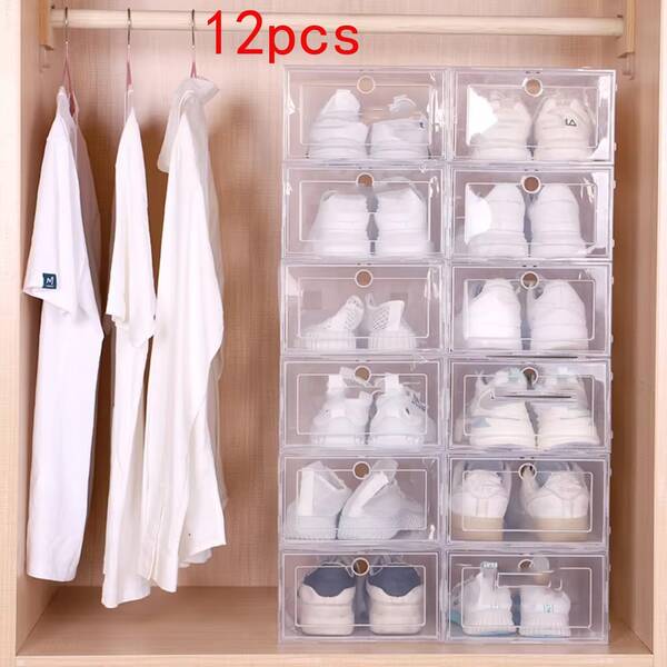 12 pezzi Scatole impilabili trasparenti per scarpe, organizer per scarpe in plastica pieghevole, con anello a forma di cuore per sneaker e qualsiasi tipo di scarpa, salvaspazio, modulare, per scaffali, armadi, ingresso, camera da letto, dormitorio, ufficio, casa, impilabili a formare un portascarpe.