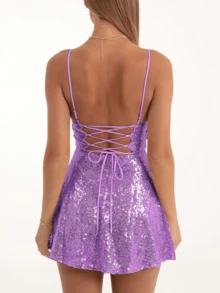 Women Spaghetti Strap Glitter Mini Dress Sleeveless Tie Back Square Neck Sparkle Sequin Cami Bodycon Dresses - Màu tím - Xem 4