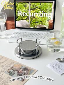 <紧凑、别致、银色时尚>，1 套/7 件复古不锈钢杯垫，包括杯垫架和 6 个杯垫 - 彩色 - 查看 2