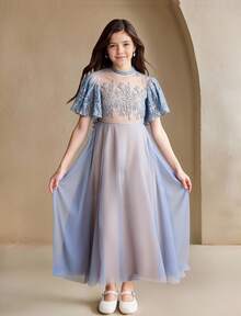 SHEIN Tween Girls Elegant Short Sleeve Dress - Grey - View 5