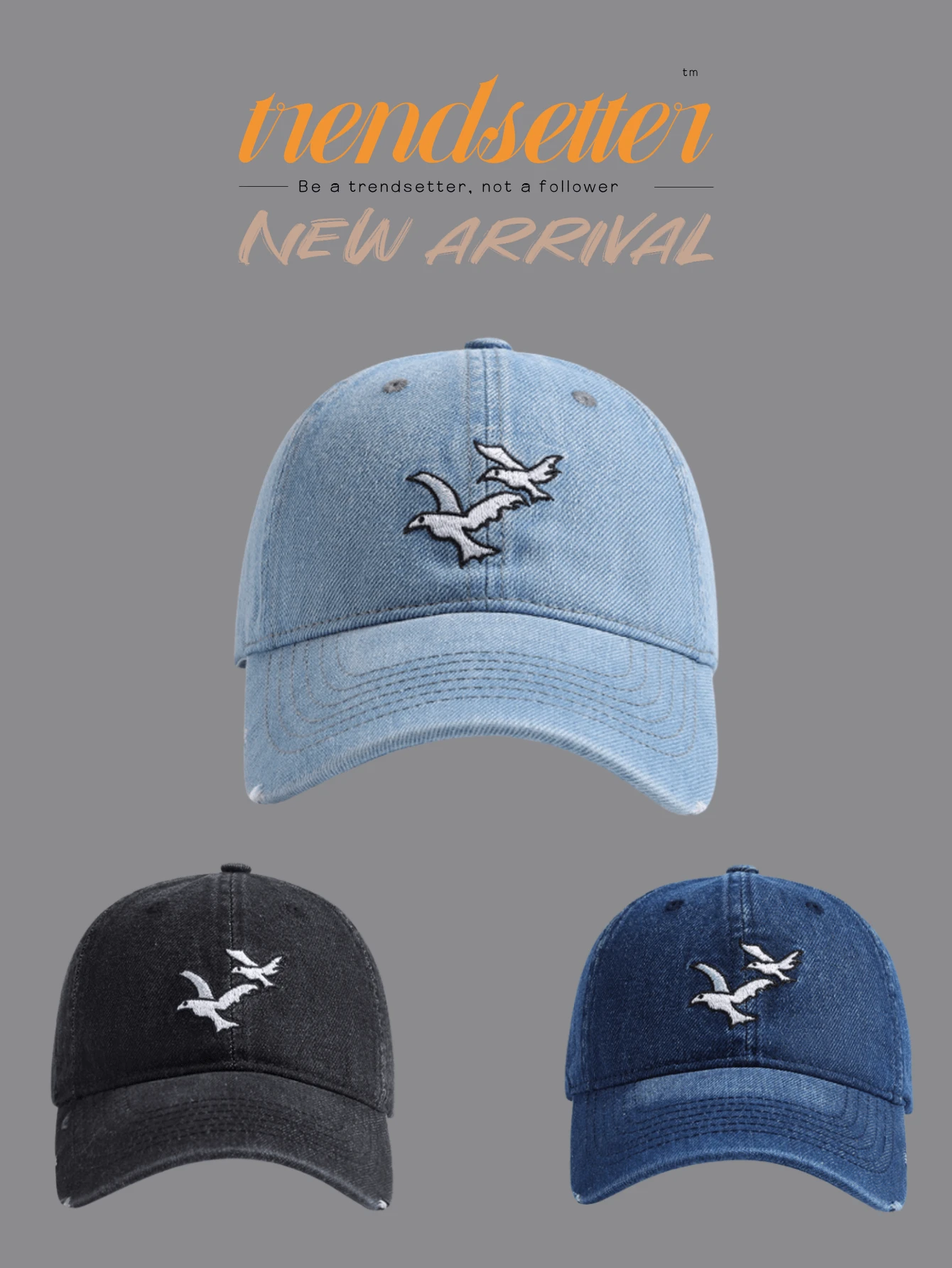 Șapcă de baseball Trendsetter din denim, cu pescăruși brodați, finisaj vintage spălat, design structurat cu 6 panouri, curea reglabilă pentru o potrivire perfectă, pălărie unisex cu protecție solară, ideală pentru ținute de stradă de primăvară/vară, excursii la plajă și aventuri urbane