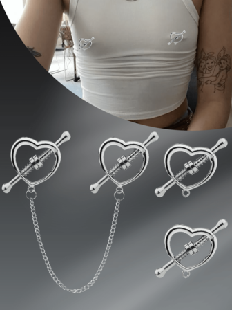 CIZME 1 对时尚不锈钢心形假乳头环，适合女性日常装饰，非穿孔乳头环带链夹可调节身体首饰假乳头穿孔