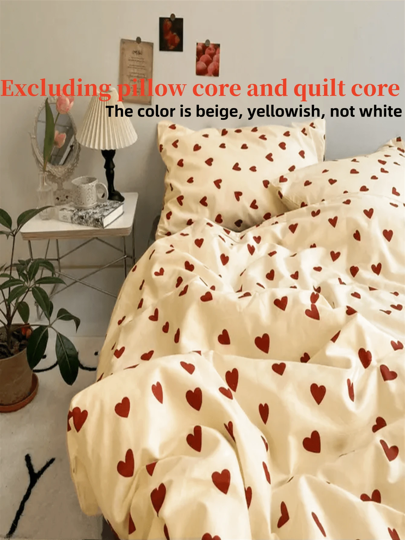 4 件套红色心形图案涤纶羽绒被套，带拉链开合和枕套 - 可机洗，防缩水，四季舒适 - 柔软编织面料，透气床上用品，适用于卧室和客房（套装包括 1 个羽绒被套、2 个枕套、1 张床单，无羽绒被芯，无枕芯