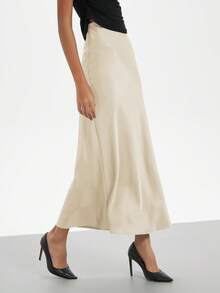 SE-HORE Women's Fashion Commuter Versatile Petite Version Elastic Satin Texture Skirt, Suitable For All Seasons - Beige