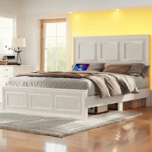 Adjustable Height Farmhouse Bed Frame With Headboard, LED Lights & USB Charging Station – Sturdy Platform Bed, Noise-Free, No Box Spring Needed - trắng - Xem 2