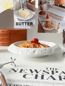 <完美的圆圈，完美的时刻>，1pc岩石纹理陶瓷沙拉盘深盘创意酒店餐厅餐具高档白盘子汤盘黑色岩石纹餐盘适用于酒店餐厅创意餐具送礼家用早餐沙拉盘 - 白色 - 查看 7