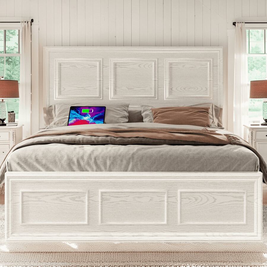 Adjustable Height Farmhouse Bed Frame With Headboard, LED Lights & USB Charging Station – Sturdy Platform Bed, Noise-Free, No Box Spring Needed - trắng - Xem 1