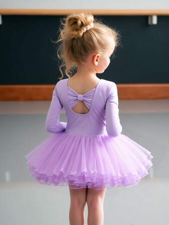 Tween Girls lila långärmad Tutu-balettklänning, med ihålig rygg med pilbåge, danssportkläder