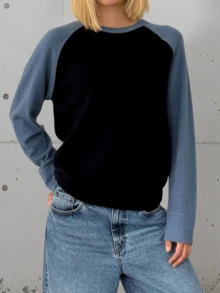 Women's Autumn Winter Knit Sweater Long Sleeve Round Neck Contrast Color Knitwear Tops - Blue - View 4