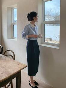 Corea del Sur chic primavera nicho temperamento colisión color solapa suelta casual versátil de manga larga camisa a rayas blusa femenina - Azul - Ver 6