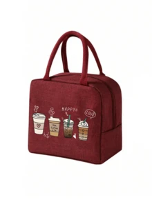 4 杯装咖啡主题保温午餐包，印有“快乐”和“爱”字样，搭配黑色餐具收纳袋，大容量，学生保温冷藏包，便携式旅行野餐包，办公/学校午餐包 - 彩色 - 查看 18