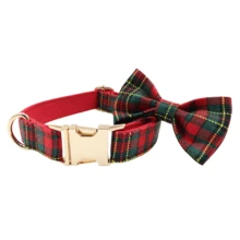 2pcs Adjustable Plaid Dog Collar With Bow Tie, Quick Release Buckle, Soft & Festive Plaid, Multiple Sizes Available, Holiday Pet Accessory, Dog Collar, Pet ID, Fashionable Pet Accessory, High-Quality Metal Hardware, Suitable For Small, Medium And Large Dogs, Pet Collar, Zinc Alloy Design, Durable - Red - View 2
