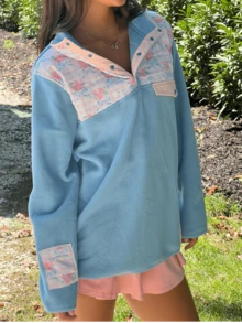 Women's Fleece Pullover Floral Patchwork Collar Pocket Casual Vintage Y2K Top - Màu xanh lam - Xem 2