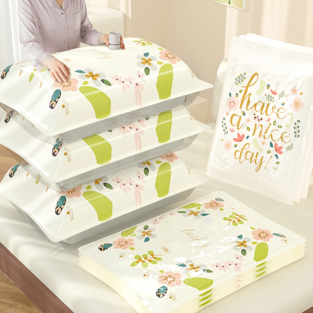 4pcs Vacuum Compression Bags With Flower Patterns (4 Different Sizes, Suitable For Storing T-Shirts, Down Jackets, Quilts; 1 Manual Air Pump Included As A Gift, Ideal For Home Storage Or Travel Luggage Organization, Perfect Christmas Gift) - لون - مشاهدة 1